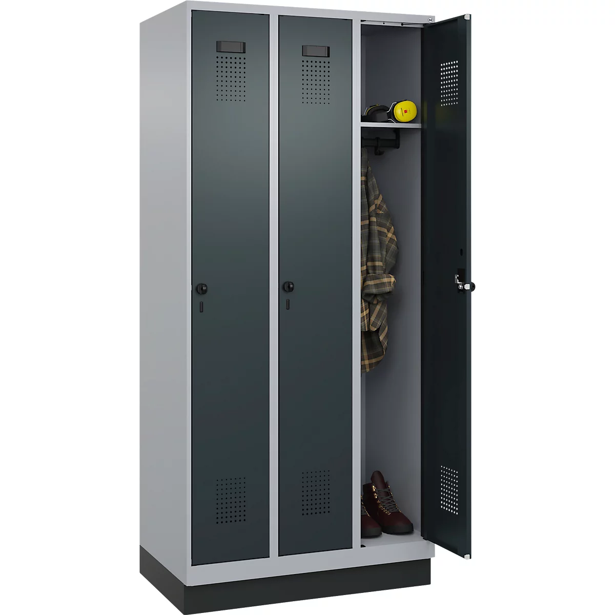 Vestiaire C+P Evolo Plus, 3 compartiments, largeur de compartiment 300 mm, avec socle, butée à droite, butée Soft, anti-effraction, L 900 x P 500 x H 1950 mm, fermeture de sécurité à pêne rotatif, aluminium blanc RAL 9006/gris anthracite RAL 7016