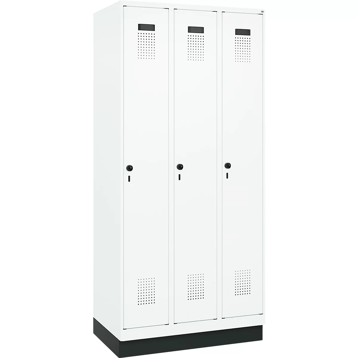 Vestiaire C+P Evolo Plus, 3 compartiments, largeur de compartiment 300 mm, avec socle, butée à droite, butée Soft, anti-effraction, L 900 x P 500 x H 1950 mm, fermeture de sécurité à pêne rotatif, blanc trafic RAL 9016/blanc trafic RAL 9016
