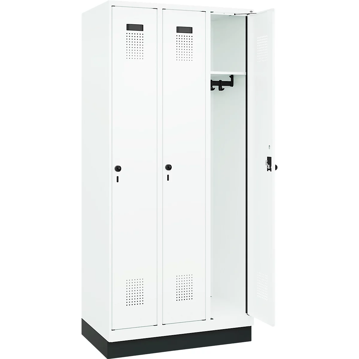 Vestiaire C+P Evolo Plus, 3 compartiments, largeur de compartiment 300 mm, avec socle, butée à droite, butée Soft, anti-effraction, L 900 x P 500 x H 1950 mm, fermeture de sécurité à pêne rotatif, blanc trafic RAL 9016/blanc trafic RAL 9016
