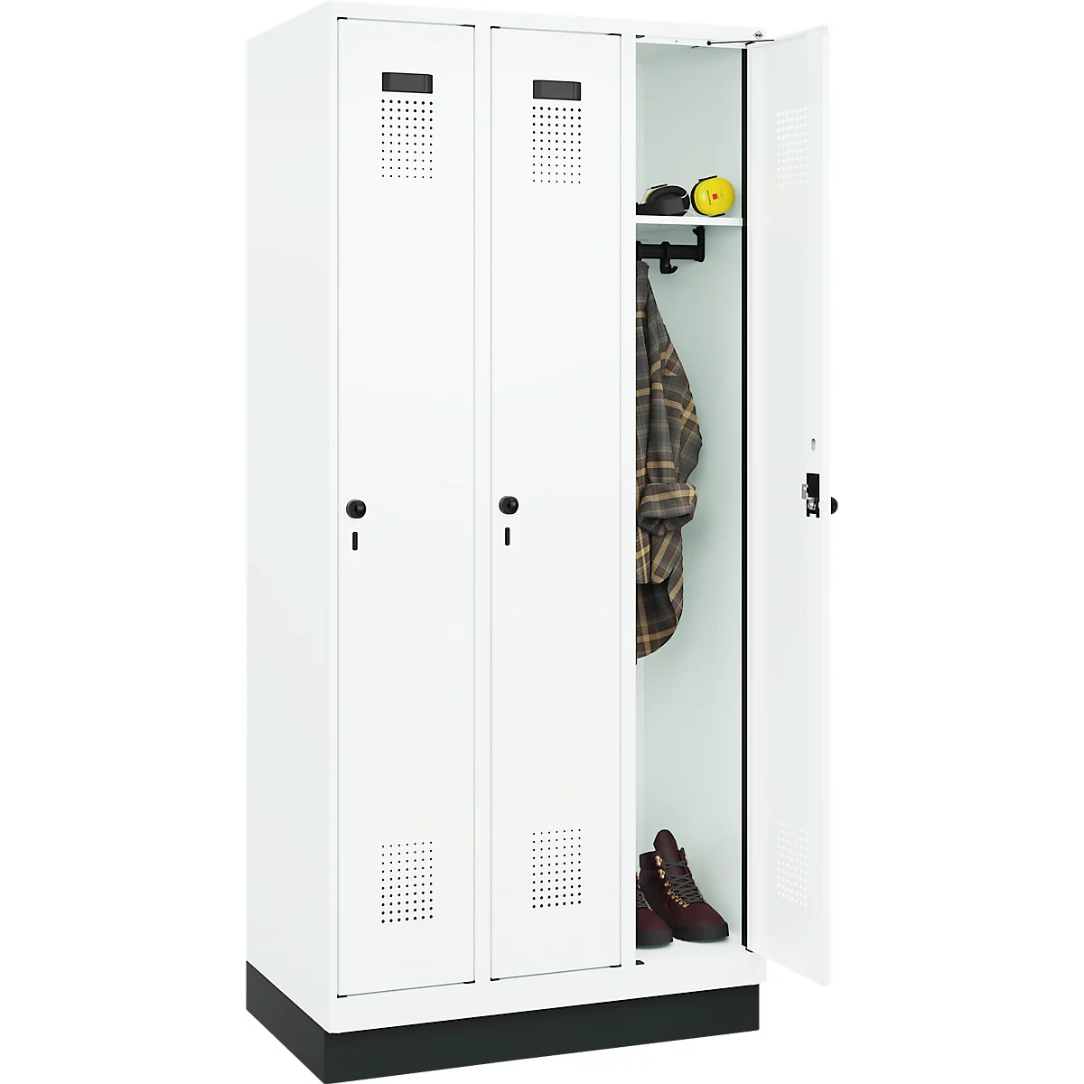 Vestiaire C+P Evolo Plus, 3 compartiments, largeur de compartiment 300 mm, avec socle, butée à droite, butée Soft, anti-effraction, L 900 x P 500 x H 1950 mm, fermeture de sécurité à pêne rotatif, blanc trafic RAL 9016/blanc trafic RAL 9016