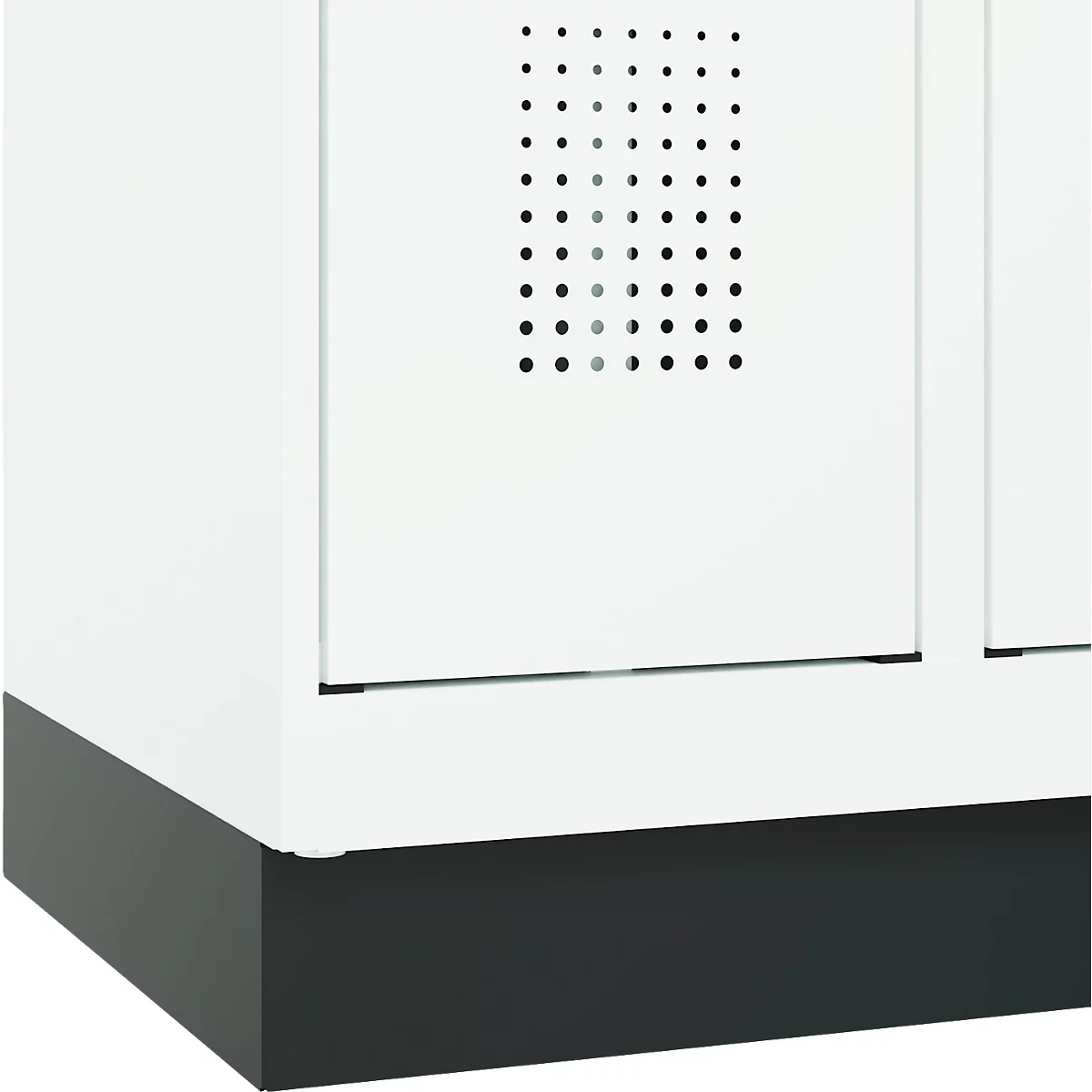 Vestiaire C+P Evolo Plus, 3 compartiments, largeur de compartiment 300 mm, avec socle, butée à droite, butée Soft, anti-effraction, L 900 x P 500 x H 1950 mm, fermeture de sécurité à pêne rotatif, blanc trafic RAL 9016/blanc trafic RAL 9016