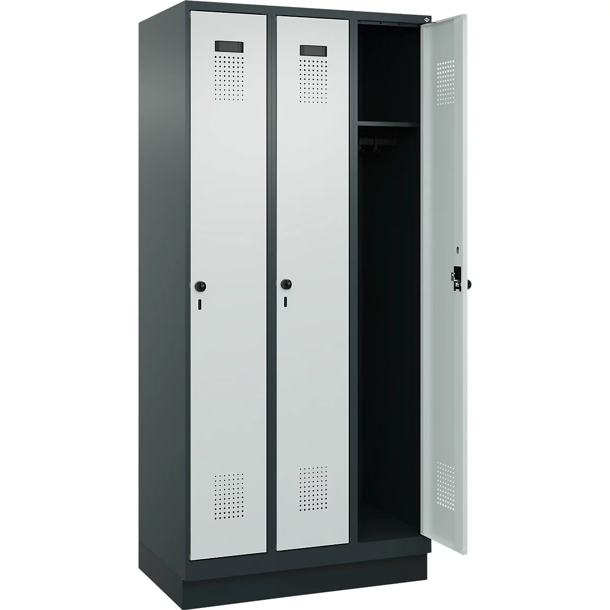 Vestiaire C+P Evolo Plus, 3 compartiments, largeur de compartiment 300 mm, avec socle, butée à droite, butée Soft, anti-effraction, L 900 x P 500 x H 1950 mm, fermeture de sécurité à pêne rotatif, gris anthracite RAL 7016/gris clair RAL 7035