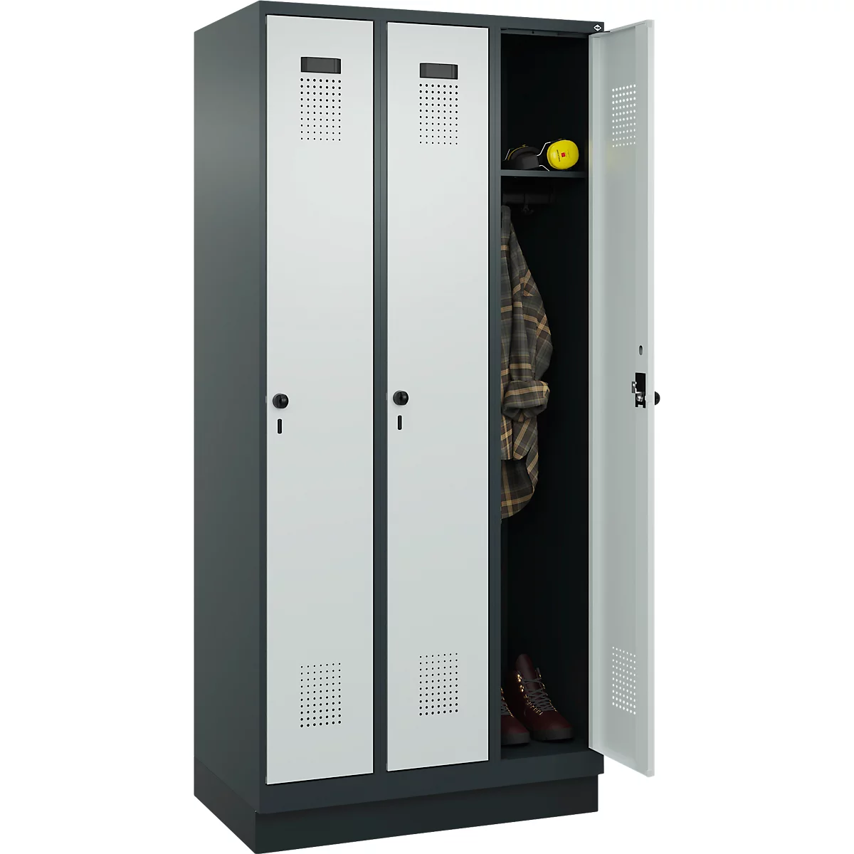 Vestiaire C+P Evolo Plus, 3 compartiments, largeur de compartiment 300 mm, avec socle, butée à droite, butée Soft, anti-effraction, L 900 x P 500 x H 1950 mm, fermeture de sécurité à pêne rotatif, gris anthracite RAL 7016/gris clair RAL 7035