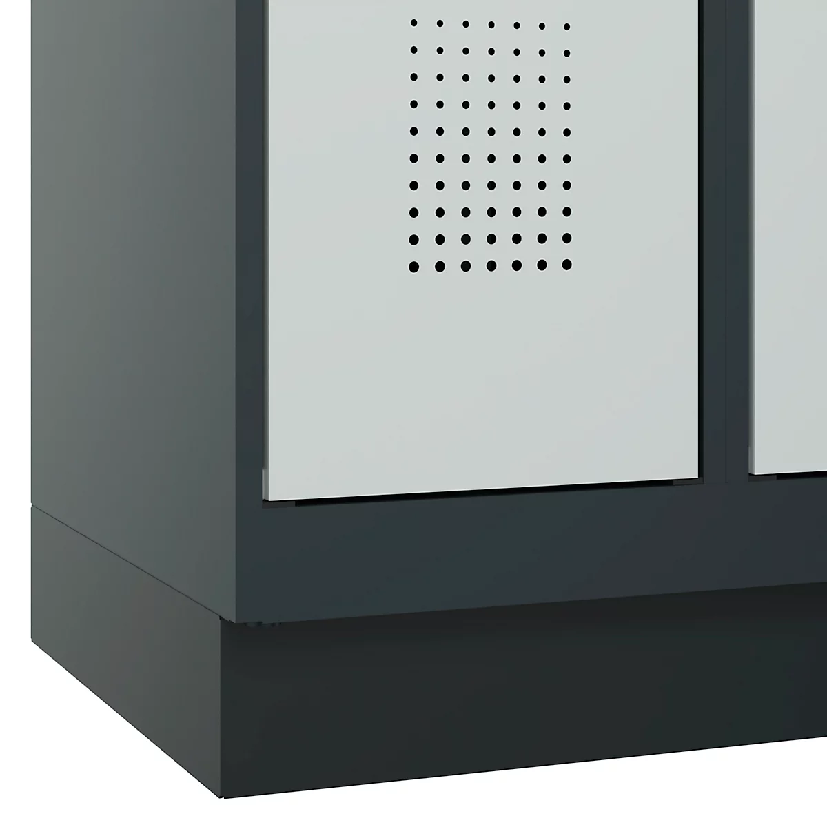 Vestiaire C+P Evolo Plus, 3 compartiments, largeur de compartiment 300 mm, avec socle, butée à droite, butée Soft, anti-effraction, L 900 x P 500 x H 1950 mm, fermeture de sécurité à pêne rotatif, gris anthracite RAL 7016/gris clair RAL 7035