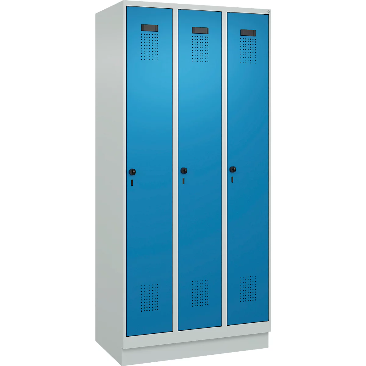 Vestiaire C+P Evolo Plus, 3 compartiments, largeur de compartiment 300 mm, avec socle, butée à droite, butée Soft, anti-effraction, L 900 x P 500 x H 1950 mm, fermeture de sécurité à pêne rotatif, gris clair RAL 7035/bleu clair RAL 5012
