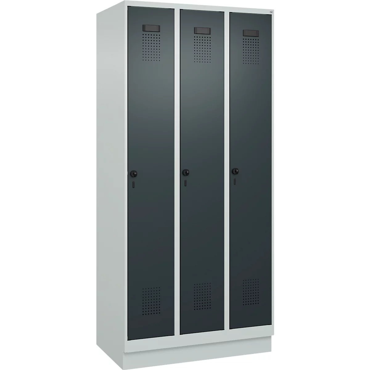 Vestiaire C+P Evolo Plus, 3 compartiments, largeur de compartiment 300 mm, avec socle, butée à droite, butée Soft, anti-effraction, L 900 x P 500 x H 1950 mm, fermeture de sécurité à pêne rotatif, gris clair RAL 7035/gris anthracite RAL 7016