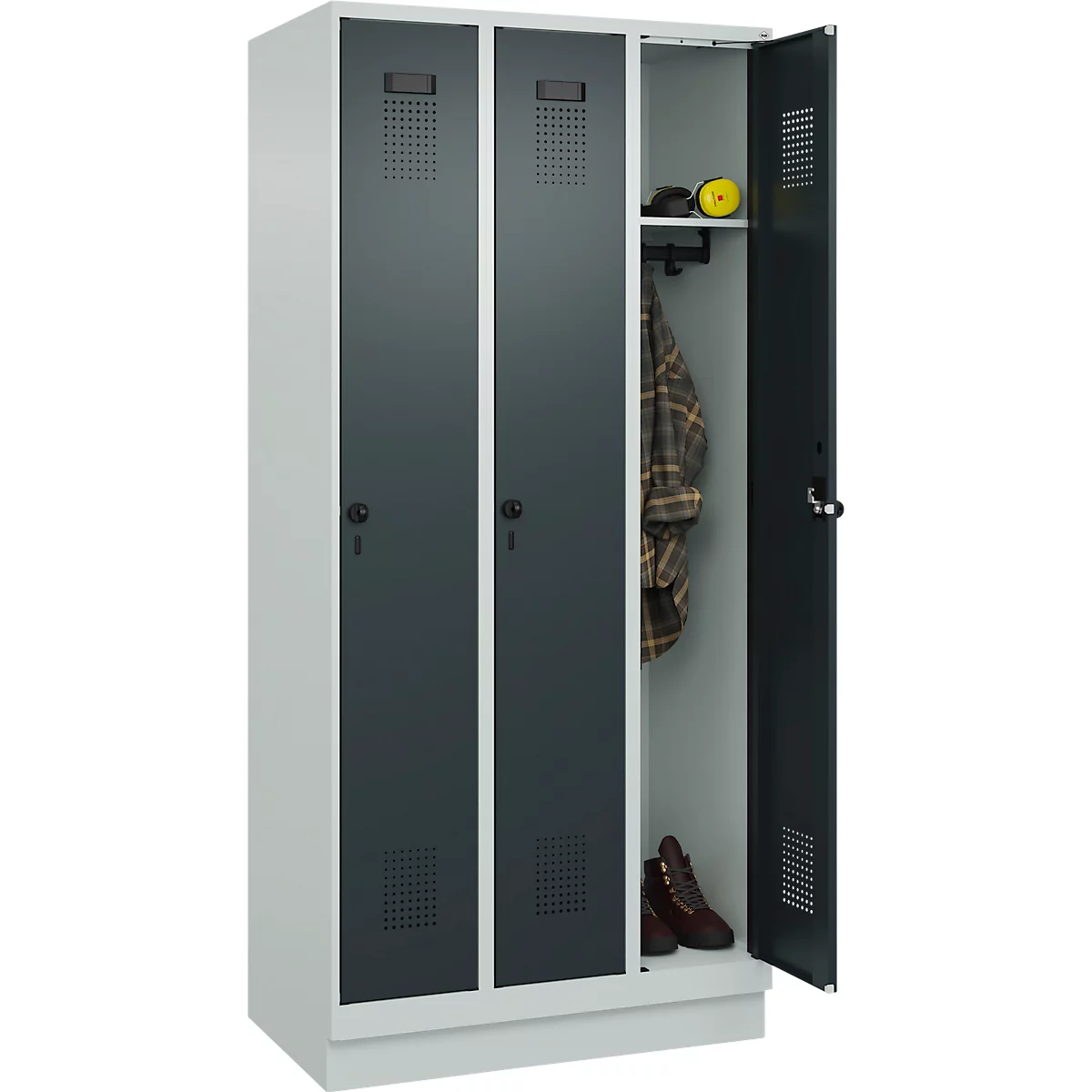 Vestiaire C+P Evolo Plus, 3 compartiments, largeur de compartiment 300 mm, avec socle, butée à droite, butée Soft, anti-effraction, L 900 x P 500 x H 1950 mm, fermeture de sécurité à pêne rotatif, gris clair RAL 7035/gris anthracite RAL 7016