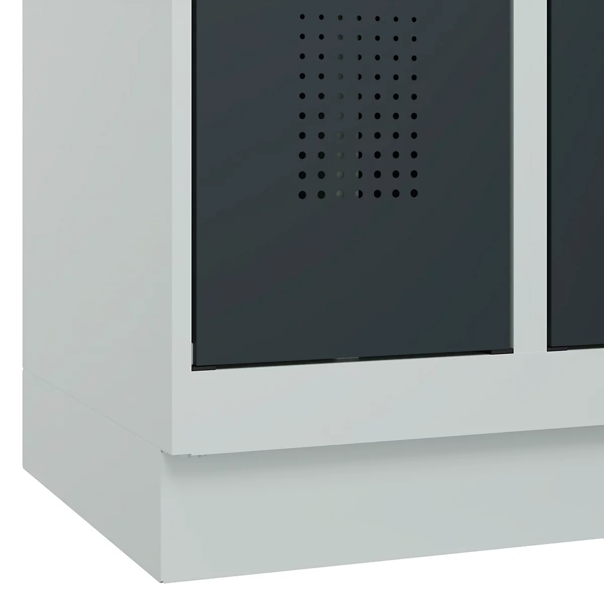 Vestiaire C+P Evolo Plus, 3 compartiments, largeur de compartiment 300 mm, avec socle, butée à droite, butée Soft, anti-effraction, L 900 x P 500 x H 1950 mm, fermeture de sécurité à pêne rotatif, gris clair RAL 7035/gris anthracite RAL 7016