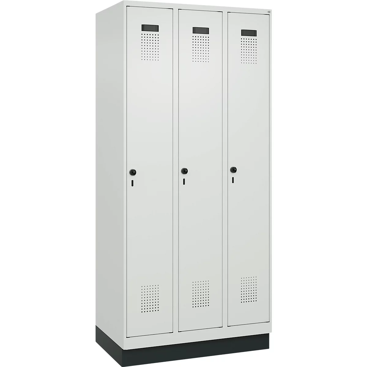 Vestiaire C+P Evolo Plus, 3 compartiments, largeur de compartiment 300 mm, avec socle, butée à droite, butée Soft, anti-effraction, L 900 x P 500 x H 1950 mm, fermeture de sécurité à pêne rotatif, gris clair RAL 7035/gris clair RAL 7035
