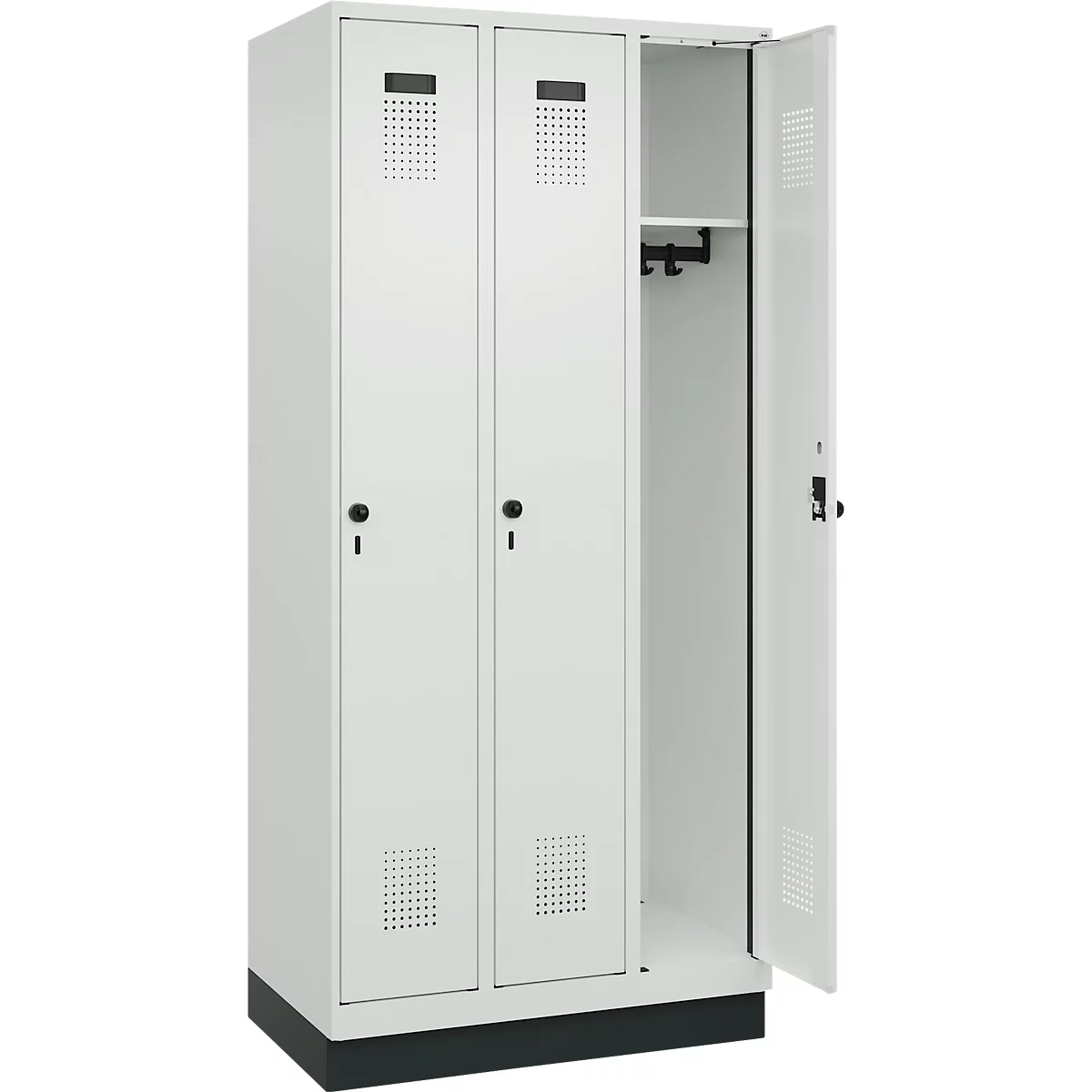Vestiaire C+P Evolo Plus, 3 compartiments, largeur de compartiment 300 mm, avec socle, butée à droite, butée Soft, anti-effraction, L 900 x P 500 x H 1950 mm, fermeture de sécurité à pêne rotatif, gris clair RAL 7035/gris clair RAL 7035