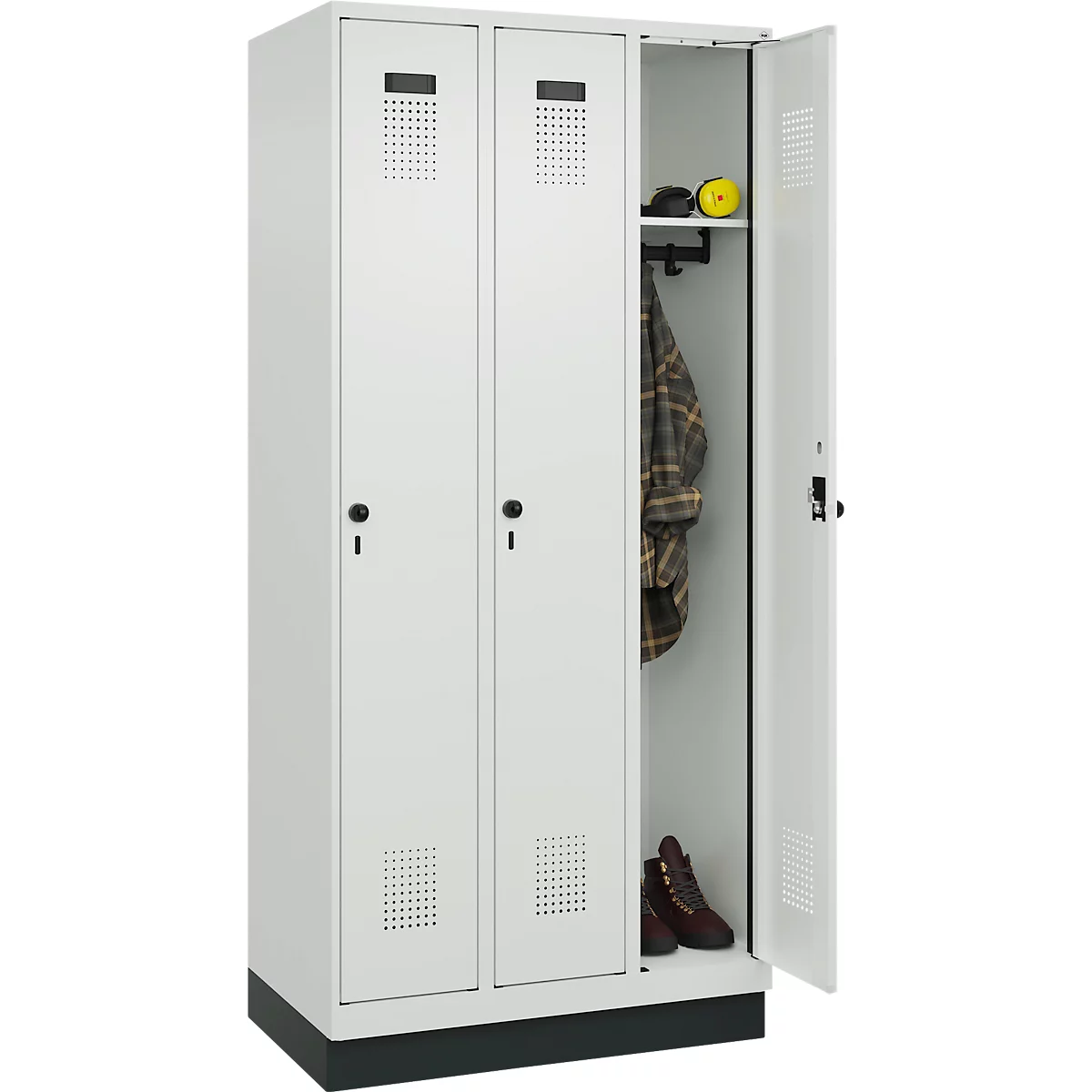 Vestiaire C+P Evolo Plus, 3 compartiments, largeur de compartiment 300 mm, avec socle, butée à droite, butée Soft, anti-effraction, L 900 x P 500 x H 1950 mm, fermeture de sécurité à pêne rotatif, gris clair RAL 7035/gris clair RAL 7035