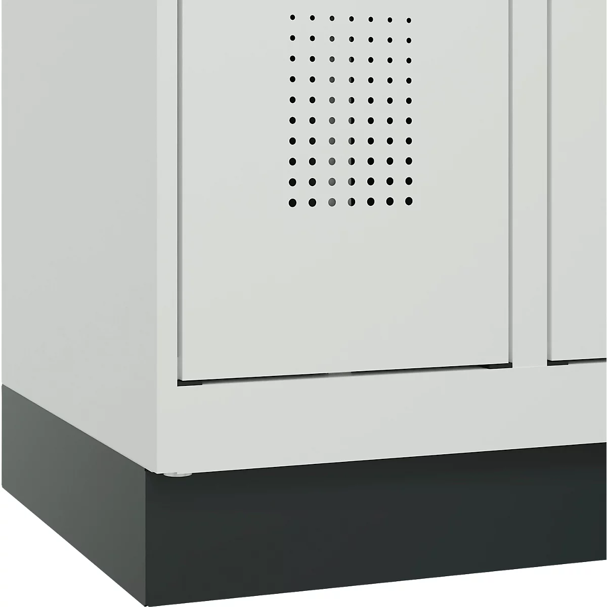 Vestiaire C+P Evolo Plus, 3 compartiments, largeur de compartiment 300 mm, avec socle, butée à droite, butée Soft, anti-effraction, L 900 x P 500 x H 1950 mm, fermeture de sécurité à pêne rotatif, gris clair RAL 7035/gris clair RAL 7035