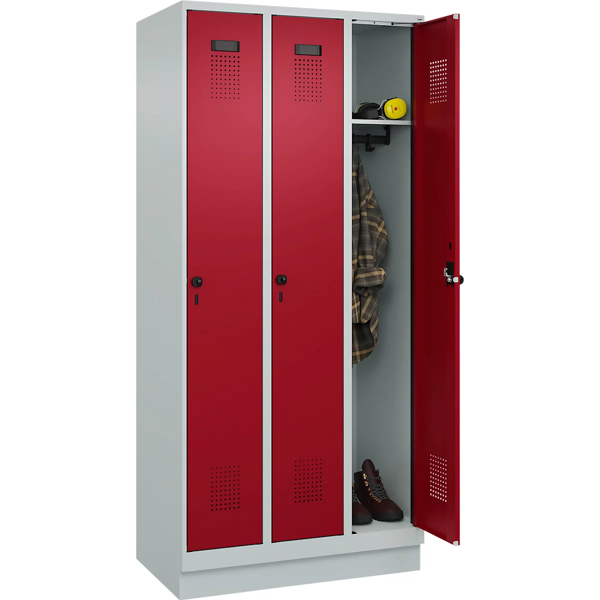 Vestiaire C+P Evolo Plus, 3 compartiments, largeur de compartiment 300 mm, avec socle, butée à droite, butée Soft, anti-effraction, L 900 x P 500 x H 1950 mm, fermeture de sécurité à pêne rotatif, gris clair RAL 7035/rouge rubis RAL 3003