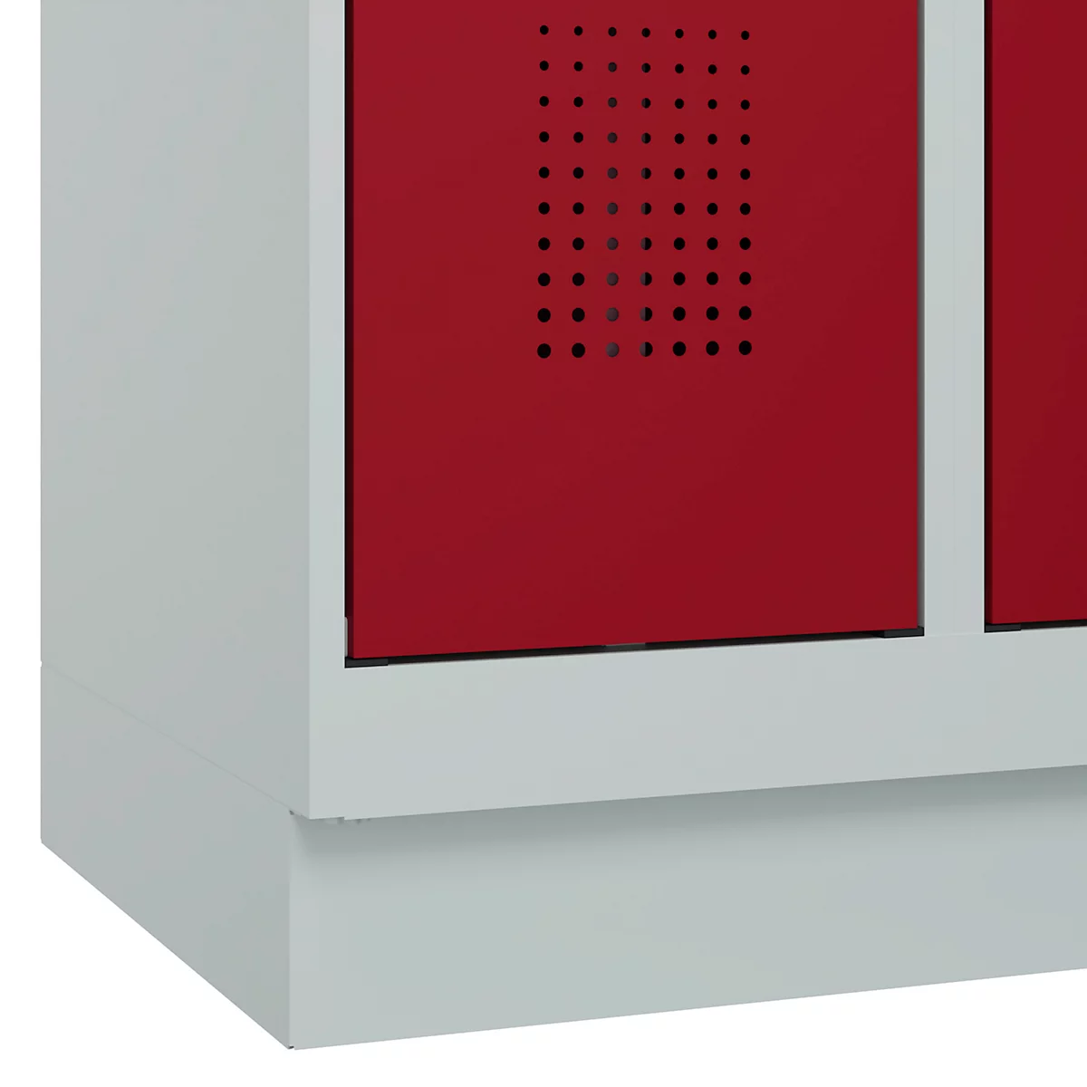 Vestiaire C+P Evolo Plus, 3 compartiments, largeur de compartiment 300 mm, avec socle, butée à droite, butée Soft, anti-effraction, L 900 x P 500 x H 1950 mm, fermeture de sécurité à pêne rotatif, gris clair RAL 7035/rouge rubis RAL 3003