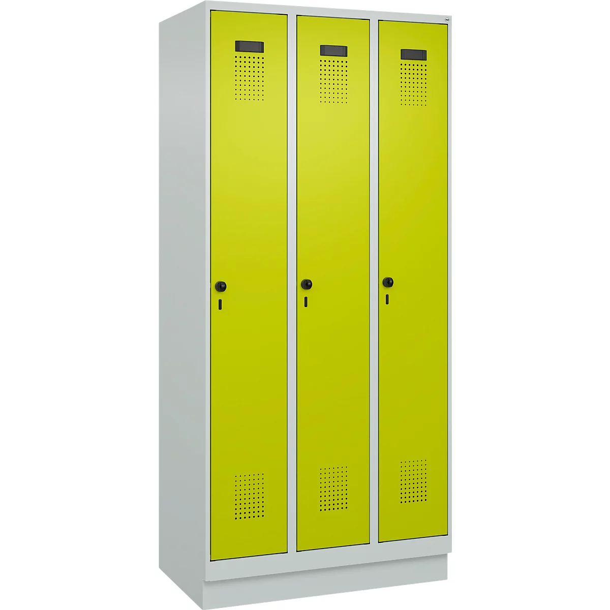 Vestiaire C+P Evolo Plus, 3 compartiments, largeur de compartiment 300 mm, avec socle, butée à droite, butée Soft, anti-effraction, L 900 x P 500 x H 1950 mm, fermeture de sécurité à pêne rotatif, gris clair RAL 7035/vert clown RAL 1108060