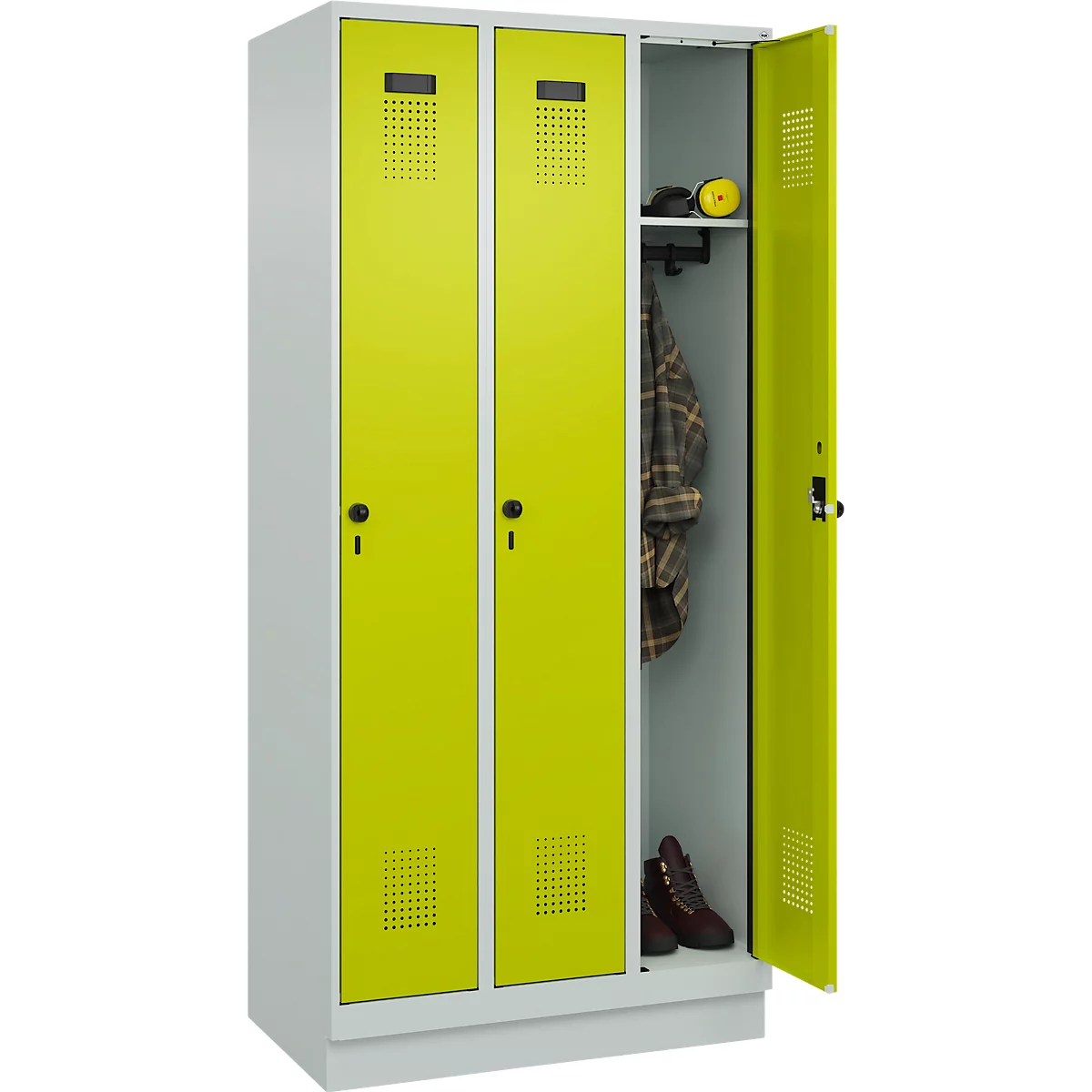 Vestiaire C+P Evolo Plus, 3 compartiments, largeur de compartiment 300 mm, avec socle, butée à droite, butée Soft, anti-effraction, L 900 x P 500 x H 1950 mm, fermeture de sécurité à pêne rotatif, gris clair RAL 7035/vert clown RAL 1108060
