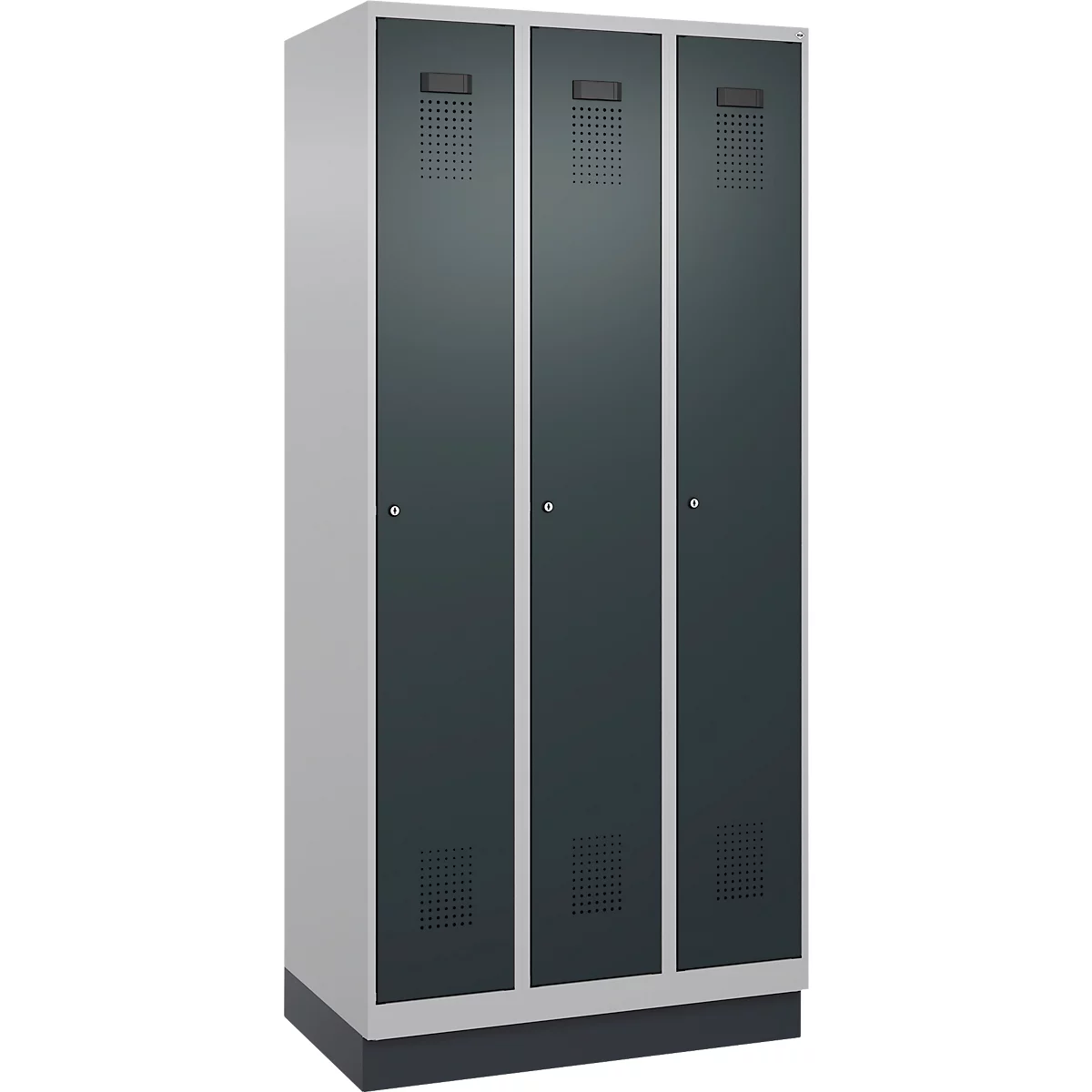 Vestiaire C+P Evolo Plus, 3 compartiments, largeur de compartiment 300 mm, avec socle, butée à droite, butée Soft, anti-effraction, L 900 x P 500 x H 1950 mm, serrure à cylindre, aluminium blanc RAL 9006/gris anthracite RAL 7016