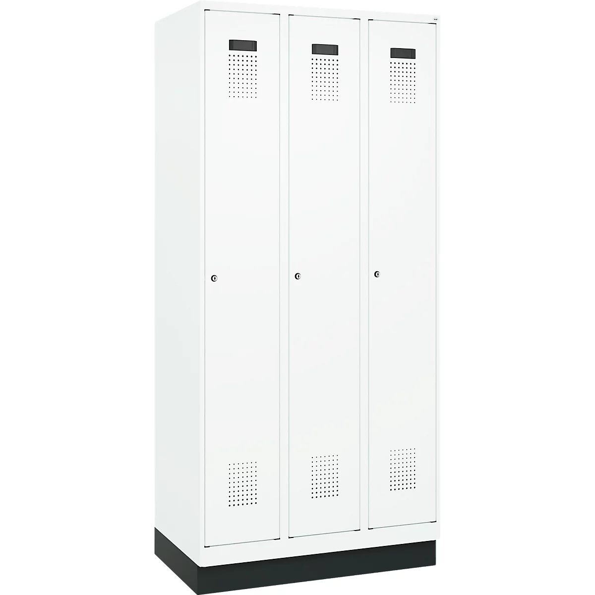 Vestiaire C+P Evolo Plus, 3 compartiments, largeur de compartiment 300 mm, avec socle, butée à droite, butée Soft, anti-effraction, L 900 x P 500 x H 1950 mm, serrure à cylindre, blanc trafic RAL 9016/blanc trafic RAL 9016