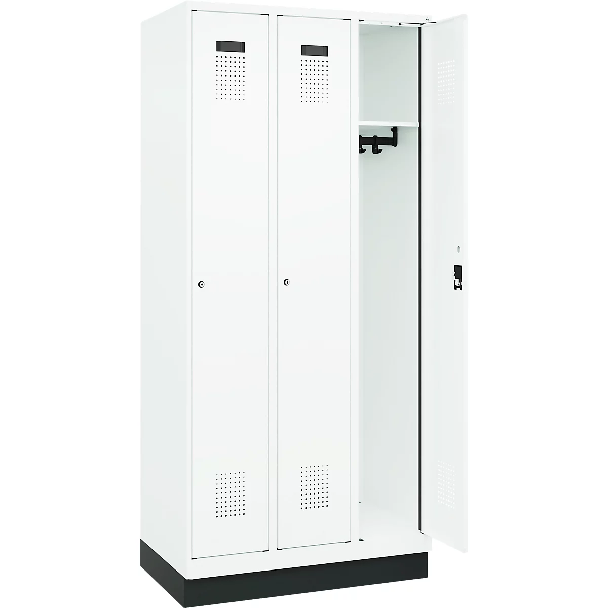 Vestiaire C+P Evolo Plus, 3 compartiments, largeur de compartiment 300 mm, avec socle, butée à droite, butée Soft, anti-effraction, L 900 x P 500 x H 1950 mm, serrure à cylindre, blanc trafic RAL 9016/blanc trafic RAL 9016
