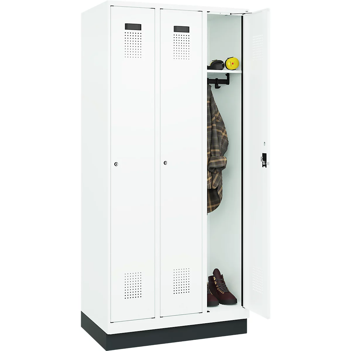 Vestiaire C+P Evolo Plus, 3 compartiments, largeur de compartiment 300 mm, avec socle, butée à droite, butée Soft, anti-effraction, L 900 x P 500 x H 1950 mm, serrure à cylindre, blanc trafic RAL 9016/blanc trafic RAL 9016
