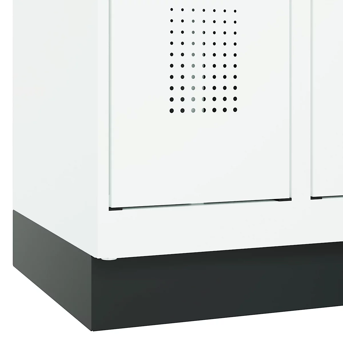 Vestiaire C+P Evolo Plus, 3 compartiments, largeur de compartiment 300 mm, avec socle, butée à droite, butée Soft, anti-effraction, L 900 x P 500 x H 1950 mm, serrure à cylindre, blanc trafic RAL 9016/blanc trafic RAL 9016