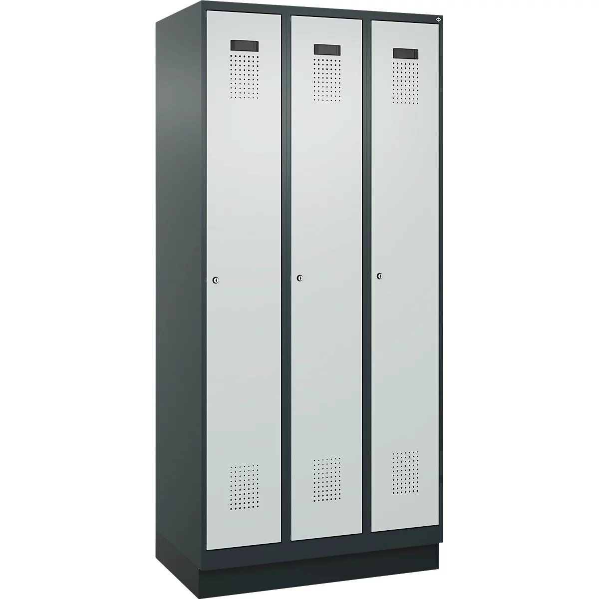 Vestiaire C+P Evolo Plus, 3 compartiments, largeur de compartiment 300 mm, avec socle, butée à droite, butée Soft, anti-effraction, L 900 x P 500 x H 1950 mm, serrure à cylindre, gris anthracite RAL 7016/gris clair RAL 7035