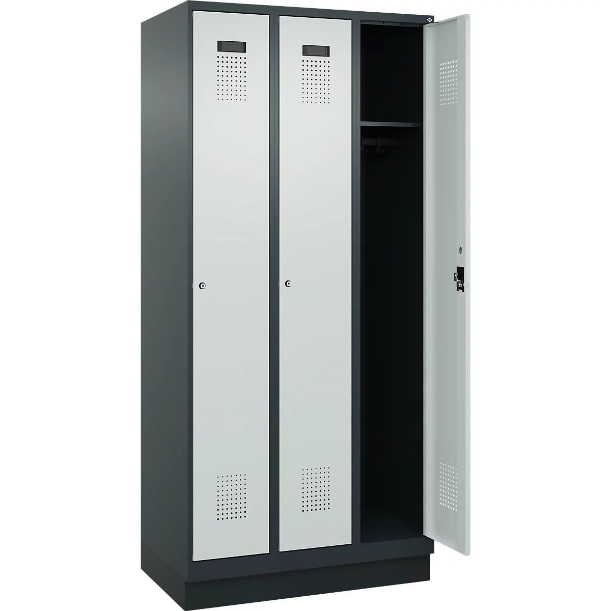 Vestiaire C+P Evolo Plus, 3 compartiments, largeur de compartiment 300 mm, avec socle, butée à droite, butée Soft, anti-effraction, L 900 x P 500 x H 1950 mm, serrure à cylindre, gris anthracite RAL 7016/gris clair RAL 7035