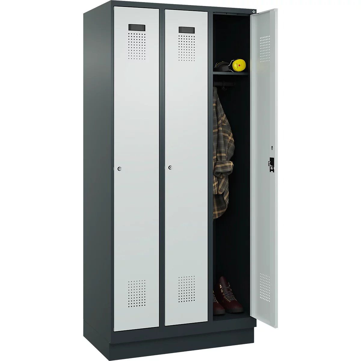 Vestiaire C+P Evolo Plus, 3 compartiments, largeur de compartiment 300 mm, avec socle, butée à droite, butée Soft, anti-effraction, L 900 x P 500 x H 1950 mm, serrure à cylindre, gris anthracite RAL 7016/gris clair RAL 7035
