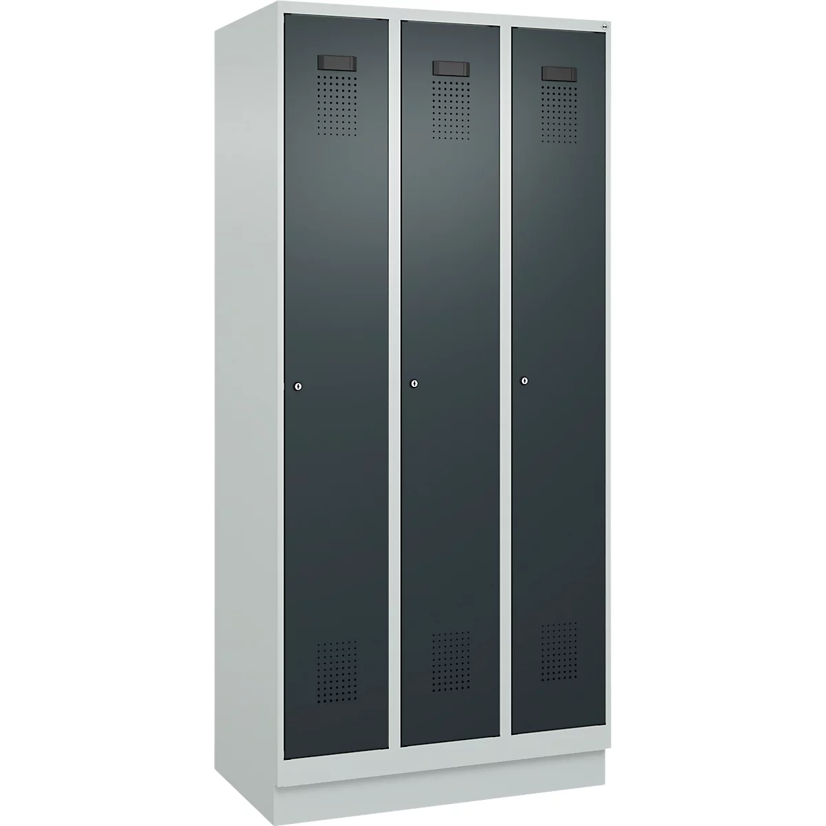 Vestiaire C+P Evolo Plus, 3 compartiments, largeur de compartiment 300 mm, avec socle, butée à droite, butée Soft, anti-effraction, L 900 x P 500 x H 1950 mm, serrure à cylindre, gris clair RAL 7035/gris anthracite RAL 7016