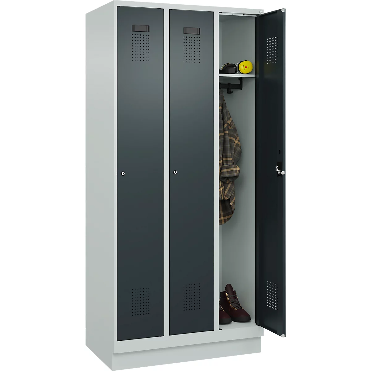 Vestiaire C+P Evolo Plus, 3 compartiments, largeur de compartiment 300 mm, avec socle, butée à droite, butée Soft, anti-effraction, L 900 x P 500 x H 1950 mm, serrure à cylindre, gris clair RAL 7035/gris anthracite RAL 7016