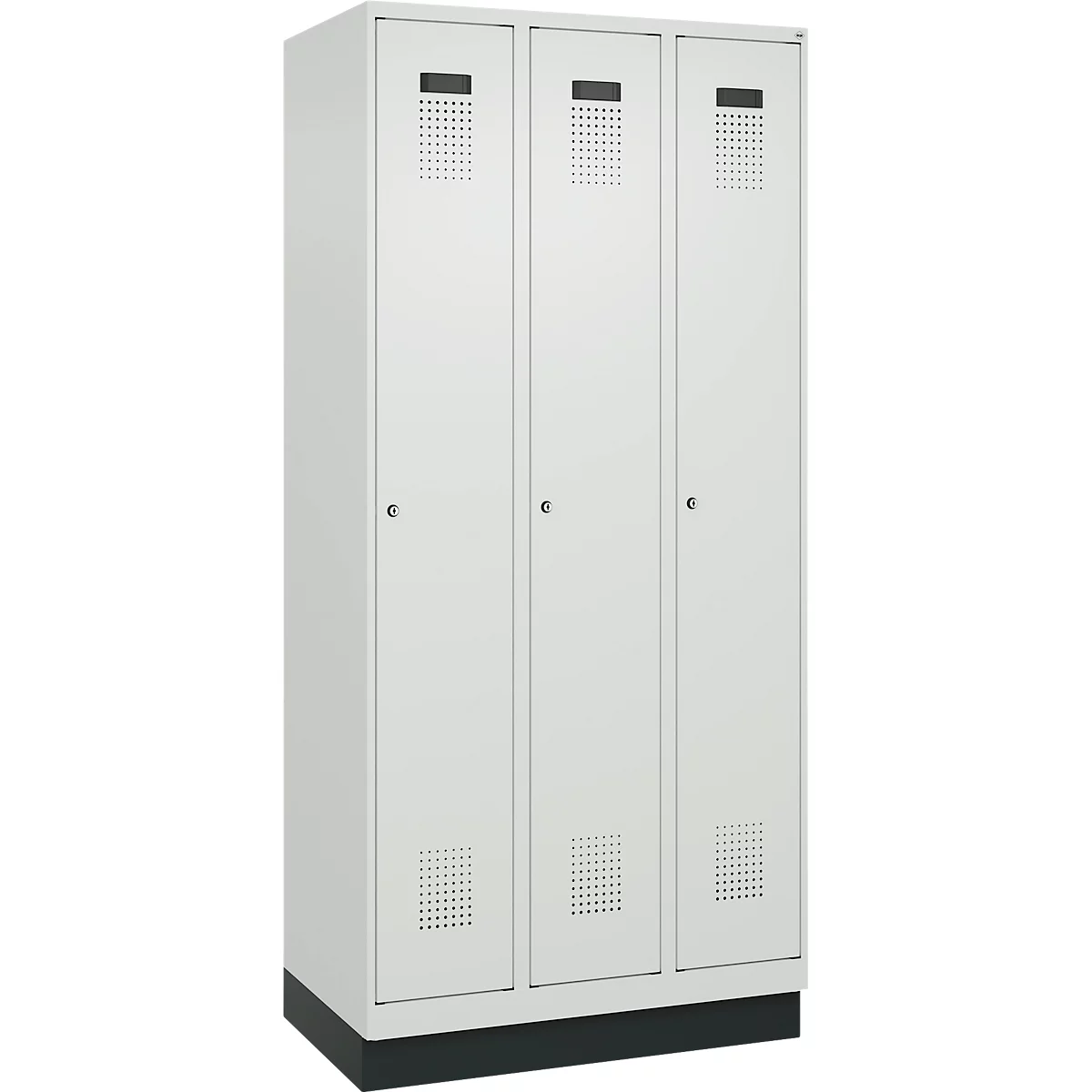 Vestiaire C+P Evolo Plus, 3 compartiments, largeur de compartiment 300 mm, avec socle, butée à droite, butée Soft, anti-effraction, L 900 x P 500 x H 1950 mm, serrure à cylindre, gris clair RAL 7035/gris clair RAL 7035