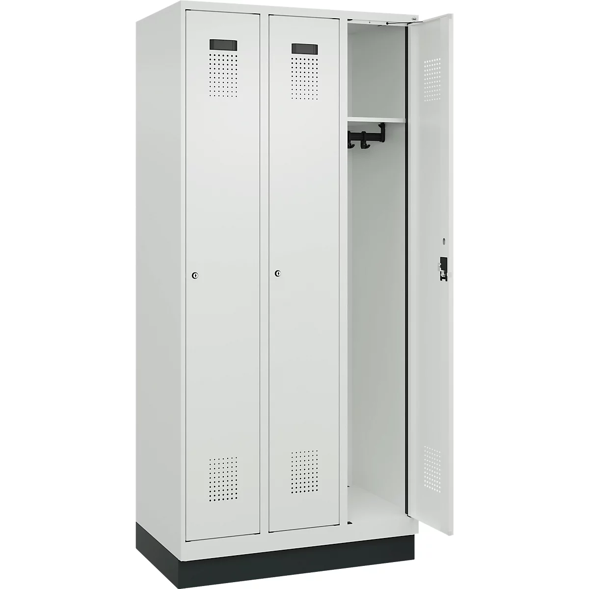 Vestiaire C+P Evolo Plus, 3 compartiments, largeur de compartiment 300 mm, avec socle, butée à droite, butée Soft, anti-effraction, L 900 x P 500 x H 1950 mm, serrure à cylindre, gris clair RAL 7035/gris clair RAL 7035