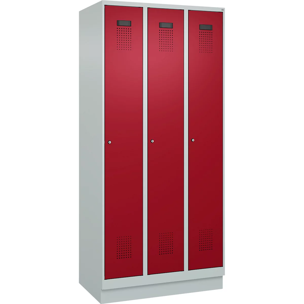 Vestiaire C+P Evolo Plus, 3 compartiments, largeur de compartiment 300 mm, avec socle, butée à droite, butée Soft, anti-effraction, L 900 x P 500 x H 1950 mm, serrure à cylindre, gris clair RAL 7035/rouge rubis RAL 3003