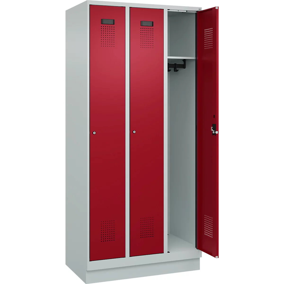Vestiaire C+P Evolo Plus, 3 compartiments, largeur de compartiment 300 mm, avec socle, butée à droite, butée Soft, anti-effraction, L 900 x P 500 x H 1950 mm, serrure à cylindre, gris clair RAL 7035/rouge rubis RAL 3003