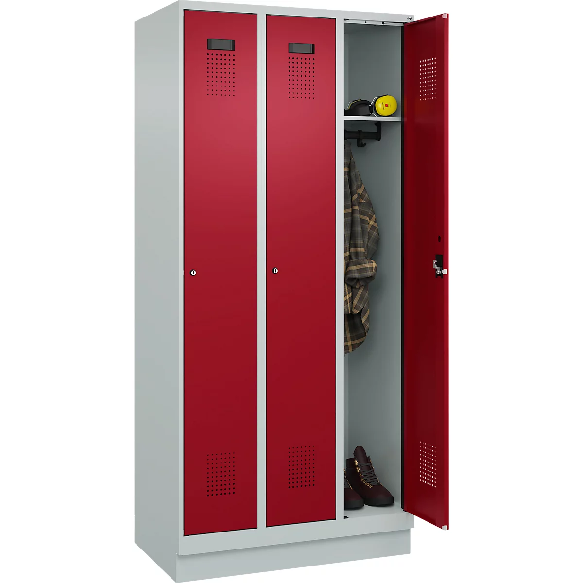 Vestiaire C+P Evolo Plus, 3 compartiments, largeur de compartiment 300 mm, avec socle, butée à droite, butée Soft, anti-effraction, L 900 x P 500 x H 1950 mm, serrure à cylindre, gris clair RAL 7035/rouge rubis RAL 3003