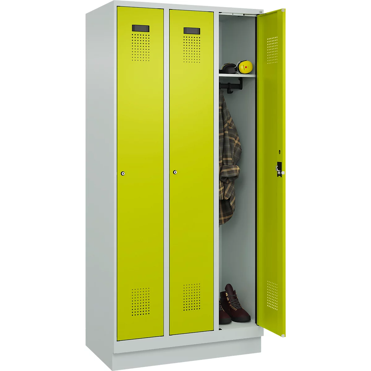 Vestiaire C+P Evolo Plus, 3 compartiments, largeur de compartiment 300 mm, avec socle, butée à droite, butée Soft, anti-effraction, L 900 x P 500 x H 1950 mm, serrure à cylindre, gris clair RAL 7035/vert clown RAL 1108060