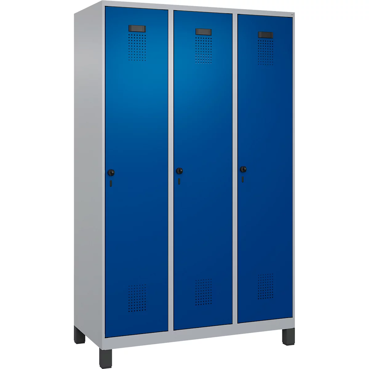 Vestiaire C+P Evolo Plus, 3 compartiments, largeur de compartiment 400 mm, avec pieds, butée à droite, butée Soft, anti-effraction, L 1200 x P 500 x H 1950 mm, fermeture de sécurité à pêne rotatif, aluminium blanc RAL 9006/bleu enzyme RAL 5010