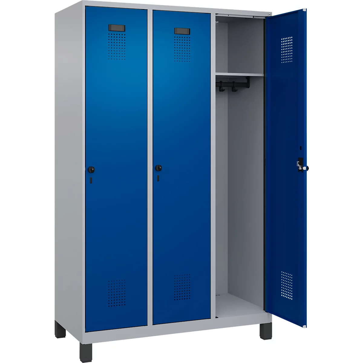 Vestiaire C+P Evolo Plus, 3 compartiments, largeur de compartiment 400 mm, avec pieds, butée à droite, butée Soft, anti-effraction, L 1200 x P 500 x H 1950 mm, fermeture de sécurité à pêne rotatif, aluminium blanc RAL 9006/bleu enzyme RAL 5010
