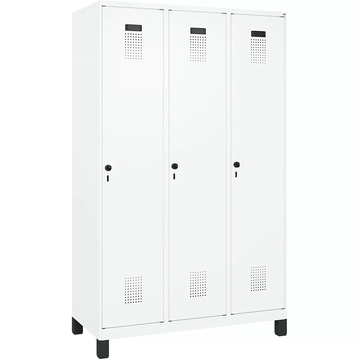 Vestiaire C+P Evolo Plus, 3 compartiments, largeur de compartiment 400 mm, avec pieds, butée à droite, butée Soft, anti-effraction, L 1200 x P 500 x H 1950 mm, fermeture de sécurité à pêne rotatif, blanc trafic RAL 9016/blanc trafic RAL 9016