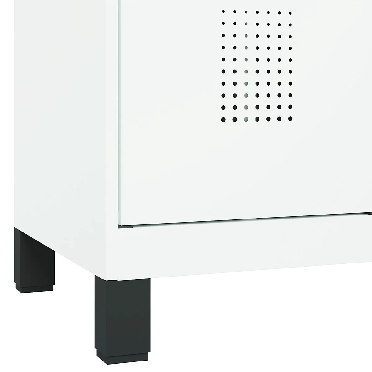 Vestiaire C+P Evolo Plus, 3 compartiments, largeur de compartiment 400 mm, avec pieds, butée à droite, butée Soft, anti-effraction, L 1200 x P 500 x H 1950 mm, fermeture de sécurité à pêne rotatif, blanc trafic RAL 9016/blanc trafic RAL 9016