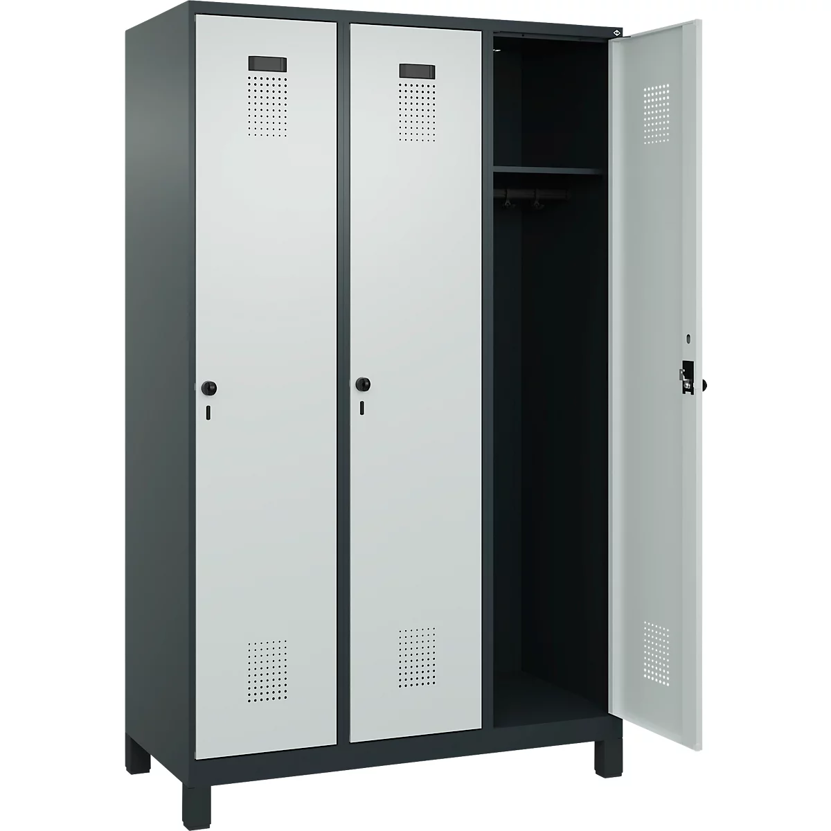 Vestiaire C+P Evolo Plus, 3 compartiments, largeur de compartiment 400 mm, avec pieds, butée à droite, butée Soft, anti-effraction, L 1200 x P 500 x H 1950 mm, fermeture de sécurité à pêne rotatif, gris anthracite RAL 7016/gris clair RAL 7035