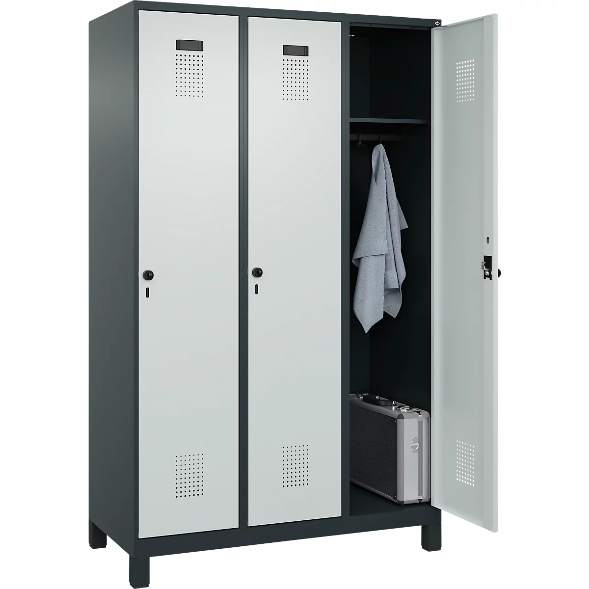 Vestiaire C+P Evolo Plus, 3 compartiments, largeur de compartiment 400 mm, avec pieds, butée à droite, butée Soft, anti-effraction, L 1200 x P 500 x H 1950 mm, fermeture de sécurité à pêne rotatif, gris anthracite RAL 7016/gris clair RAL 7035