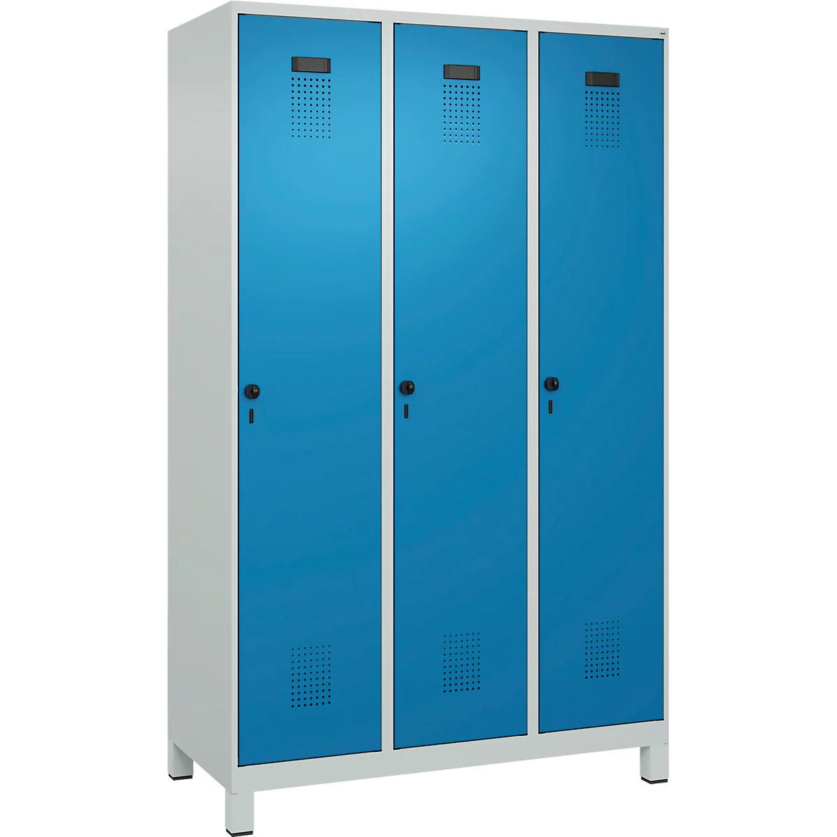 Vestiaire C+P Evolo Plus, 3 compartiments, largeur de compartiment 400 mm, avec pieds, butée à droite, butée Soft, anti-effraction, L 1200 x P 500 x H 1950 mm, fermeture de sécurité à pêne rotatif, gris clair RAL 7035/bleu clair RAL 5012
