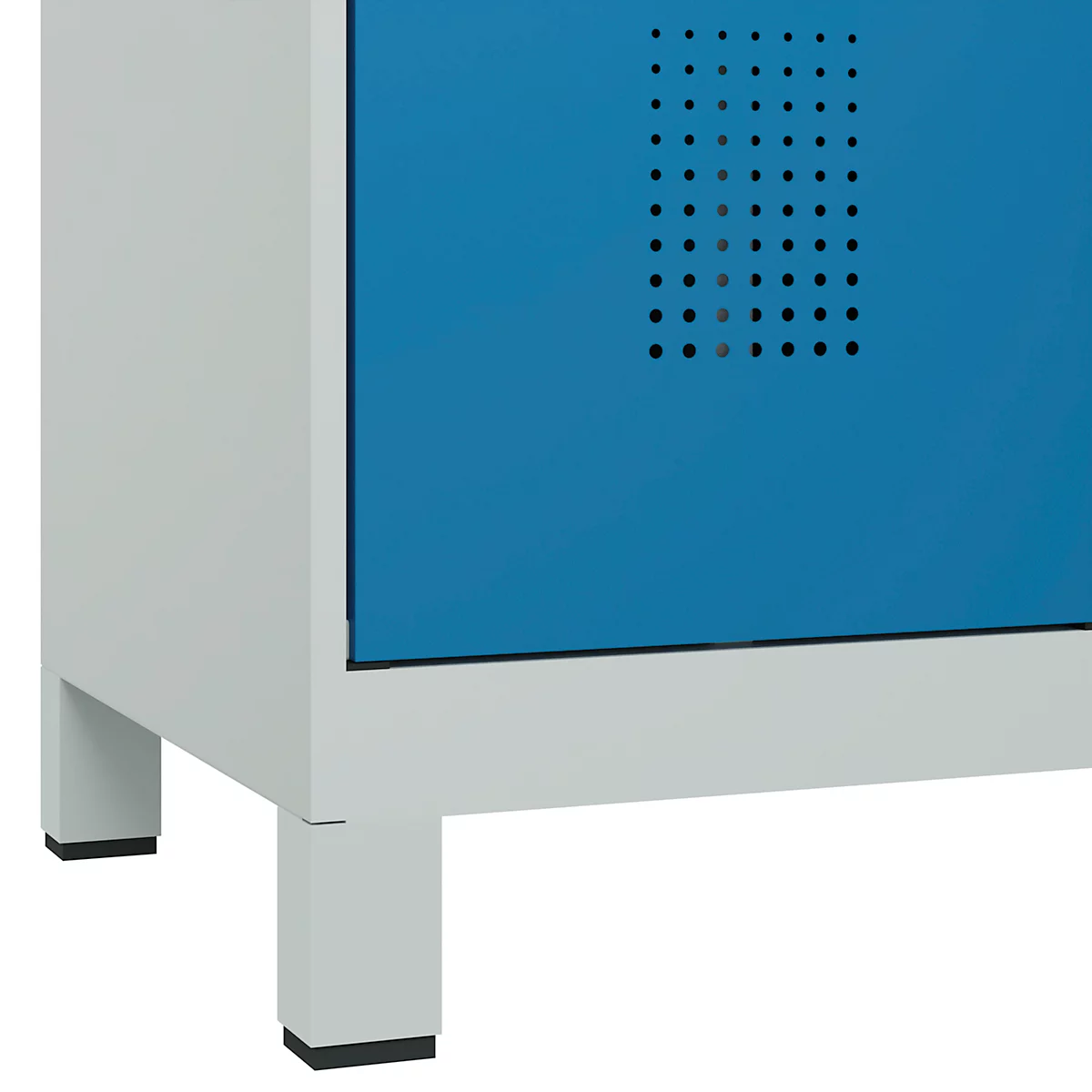 Vestiaire C+P Evolo Plus, 3 compartiments, largeur de compartiment 400 mm, avec pieds, butée à droite, butée Soft, anti-effraction, L 1200 x P 500 x H 1950 mm, fermeture de sécurité à pêne rotatif, gris clair RAL 7035/bleu clair RAL 5012