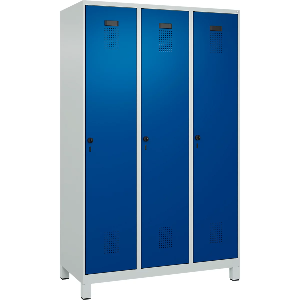 Vestiaire C+P Evolo Plus, 3 compartiments, largeur de compartiment 400 mm, avec pieds, butée à droite, butée Soft, anti-effraction, L 1200 x P 500 x H 1950 mm, fermeture de sécurité à pêne rotatif, gris clair RAL 7035/bleu enzyme RAL 5010