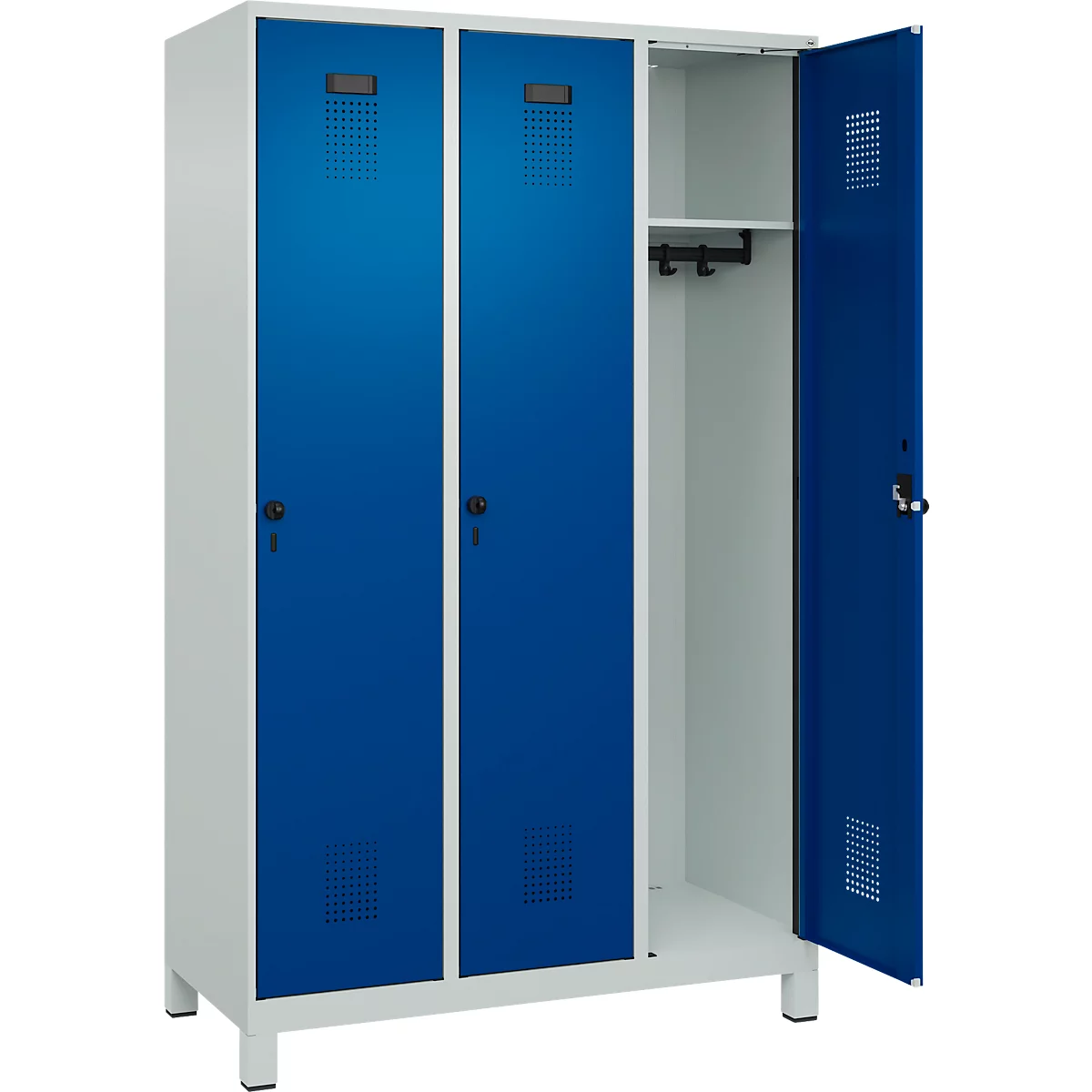 Vestiaire C+P Evolo Plus, 3 compartiments, largeur de compartiment 400 mm, avec pieds, butée à droite, butée Soft, anti-effraction, L 1200 x P 500 x H 1950 mm, fermeture de sécurité à pêne rotatif, gris clair RAL 7035/bleu enzyme RAL 5010