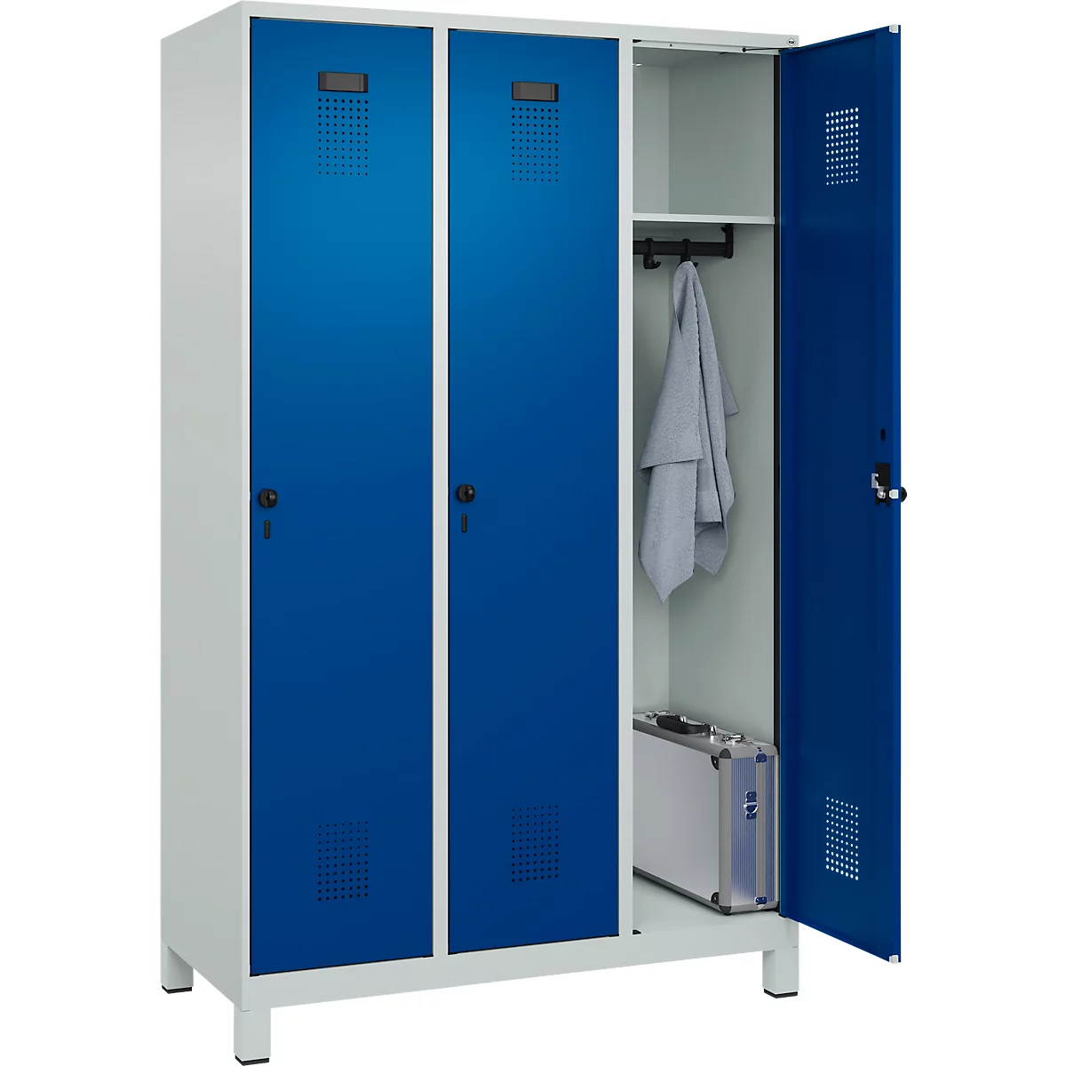 Vestiaire C+P Evolo Plus, 3 compartiments, largeur de compartiment 400 mm, avec pieds, butée à droite, butée Soft, anti-effraction, L 1200 x P 500 x H 1950 mm, fermeture de sécurité à pêne rotatif, gris clair RAL 7035/bleu enzyme RAL 5010