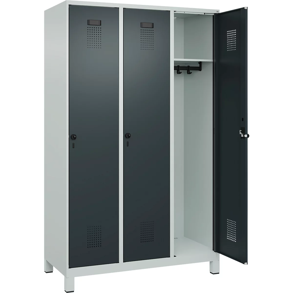 Vestiaire C+P Evolo Plus, 3 compartiments, largeur de compartiment 400 mm, avec pieds, butée à droite, butée Soft, anti-effraction, L 1200 x P 500 x H 1950 mm, fermeture de sécurité à pêne rotatif, gris clair RAL 7035/gris anthracite RAL 7016