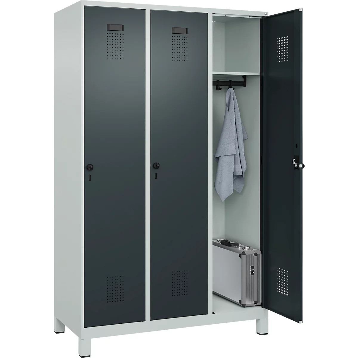 Vestiaire C+P Evolo Plus, 3 compartiments, largeur de compartiment 400 mm, avec pieds, butée à droite, butée Soft, anti-effraction, L 1200 x P 500 x H 1950 mm, fermeture de sécurité à pêne rotatif, gris clair RAL 7035/gris anthracite RAL 7016