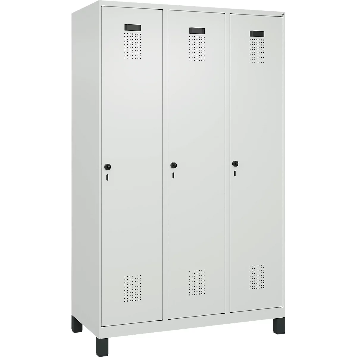 Vestiaire C+P Evolo Plus, 3 compartiments, largeur de compartiment 400 mm, avec pieds, butée à droite, butée Soft, anti-effraction, L 1200 x P 500 x H 1950 mm, fermeture de sécurité à pêne rotatif, gris clair RAL 7035/gris clair RAL 7035